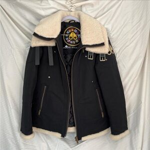 Moose Knuckles Black Bomber Jacket with Cream Shearling Trim